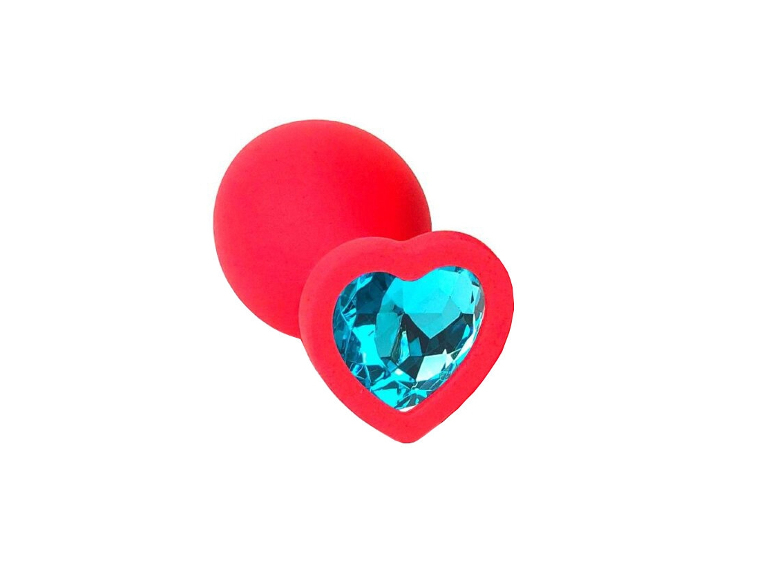 ВТУЛКА АНАЛЬНАЯ, L 74 мм D 28 мм, красное-сердце, цвет кристалла бирюзовый, силикон