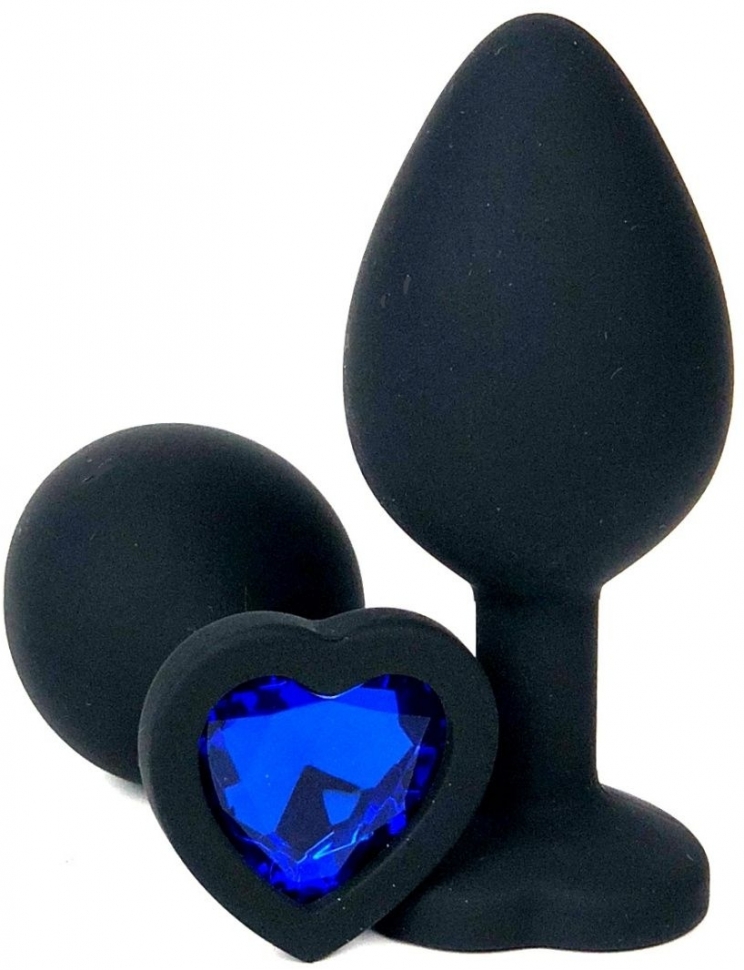ВТУЛКА АНАЛЬНАЯ, L 95 мм D 40 мм, черное-сердце, цвет кристалла синее, силикон